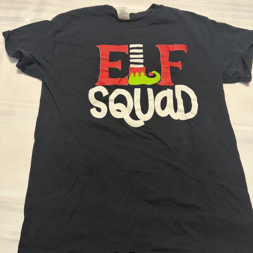 Gildan Elf Squad Christmas Graphic T-Shirt Black Cotton Mens Small S Holiday